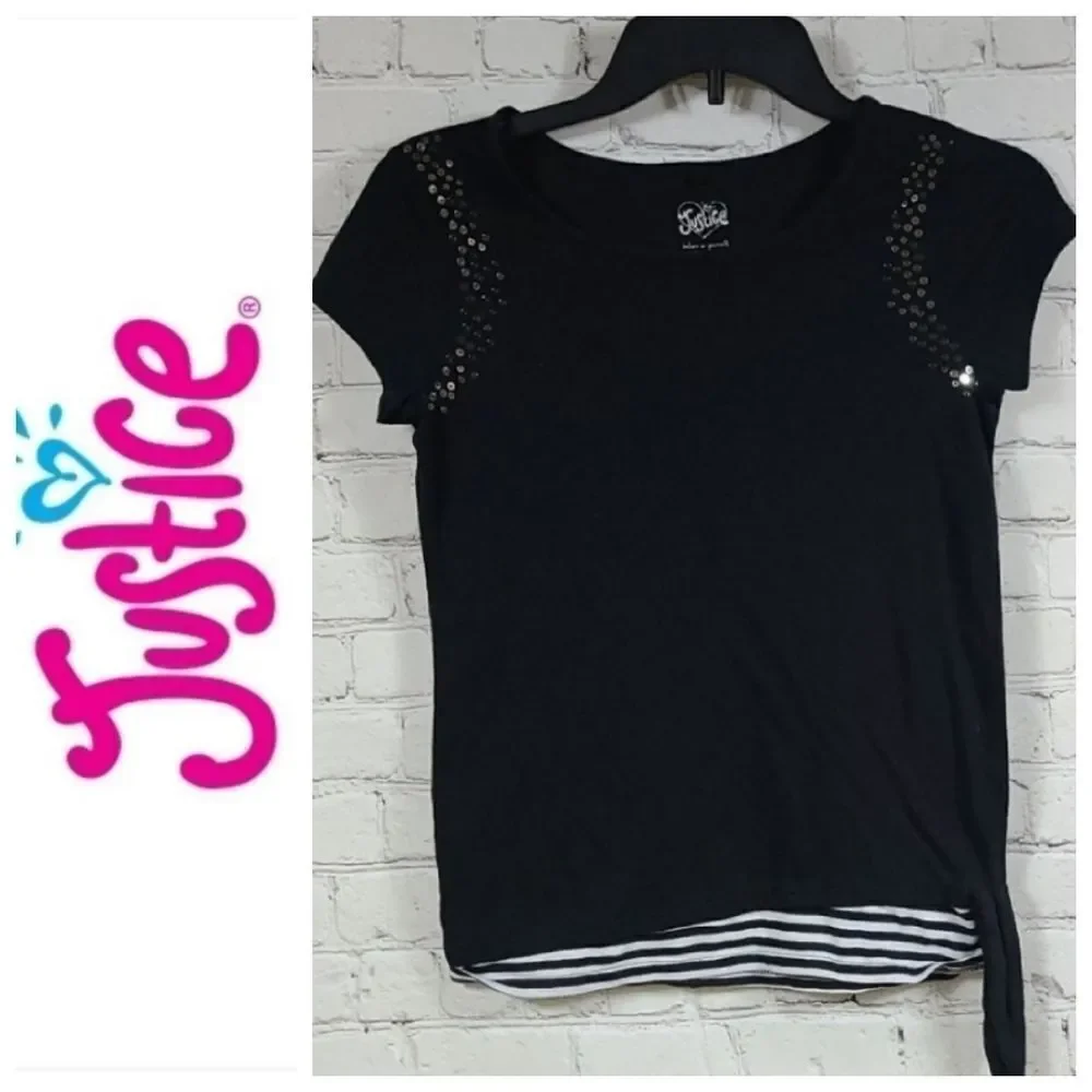 Justice Black Sequin Knit Top Stripe Hem Side Knot Tee Girls Size 10 Trendy Soft